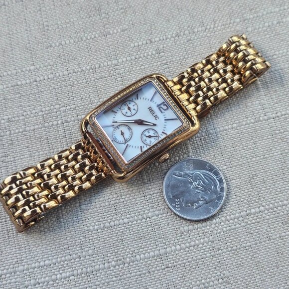 Relic Ladies Wristwatch Crystals Accent Bezel Analog Quartz Wrist Watch Gold Ton - Picture 9 of 11